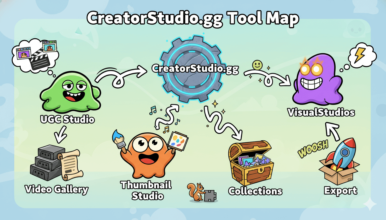 Un diagrama de flujo caprichoso ilustra el mapa de herramientas gg de CreatorStudio, mostrando cómo diferentes estudios conducen a galerías, colecciones y exportaciones.