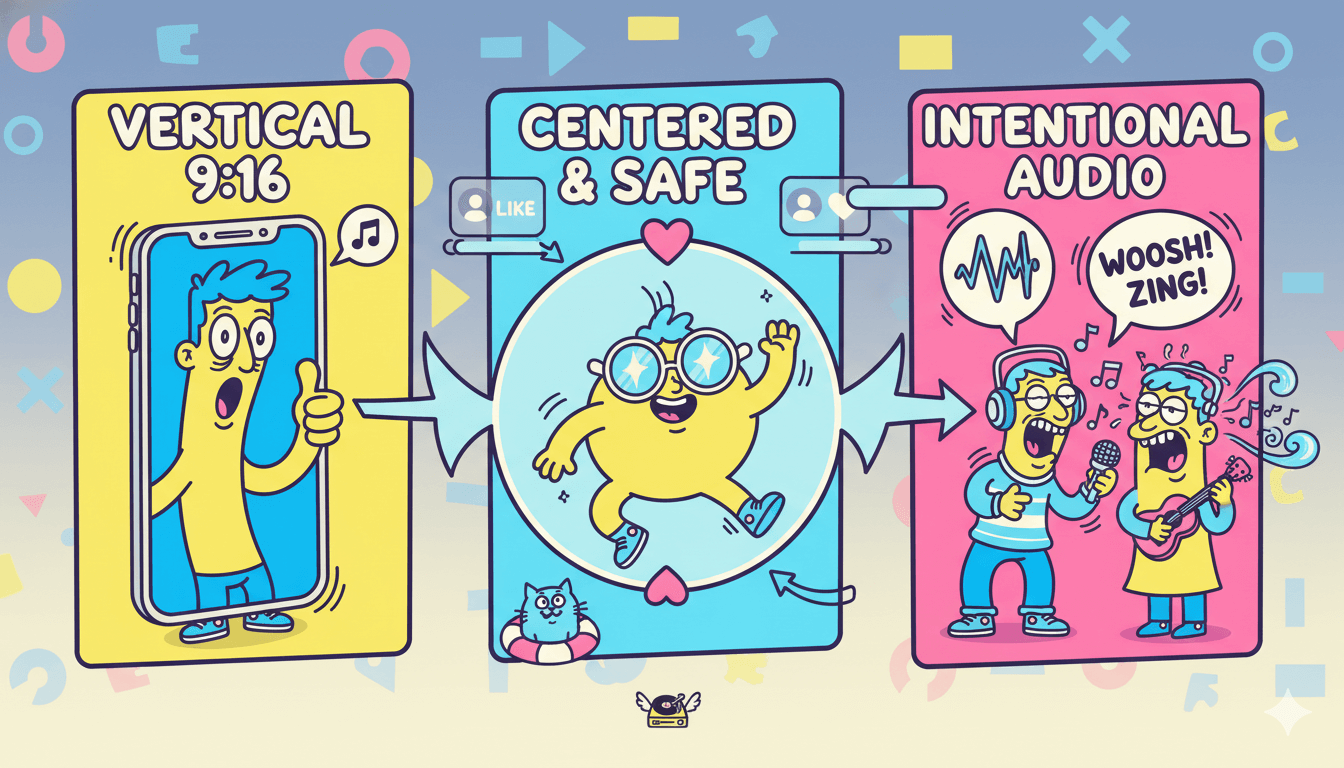 Un diagrama de flujo divertido ilustra tres mejores prácticas de TikTok: vídeo vertical, contenido centrado y audio intencionado.