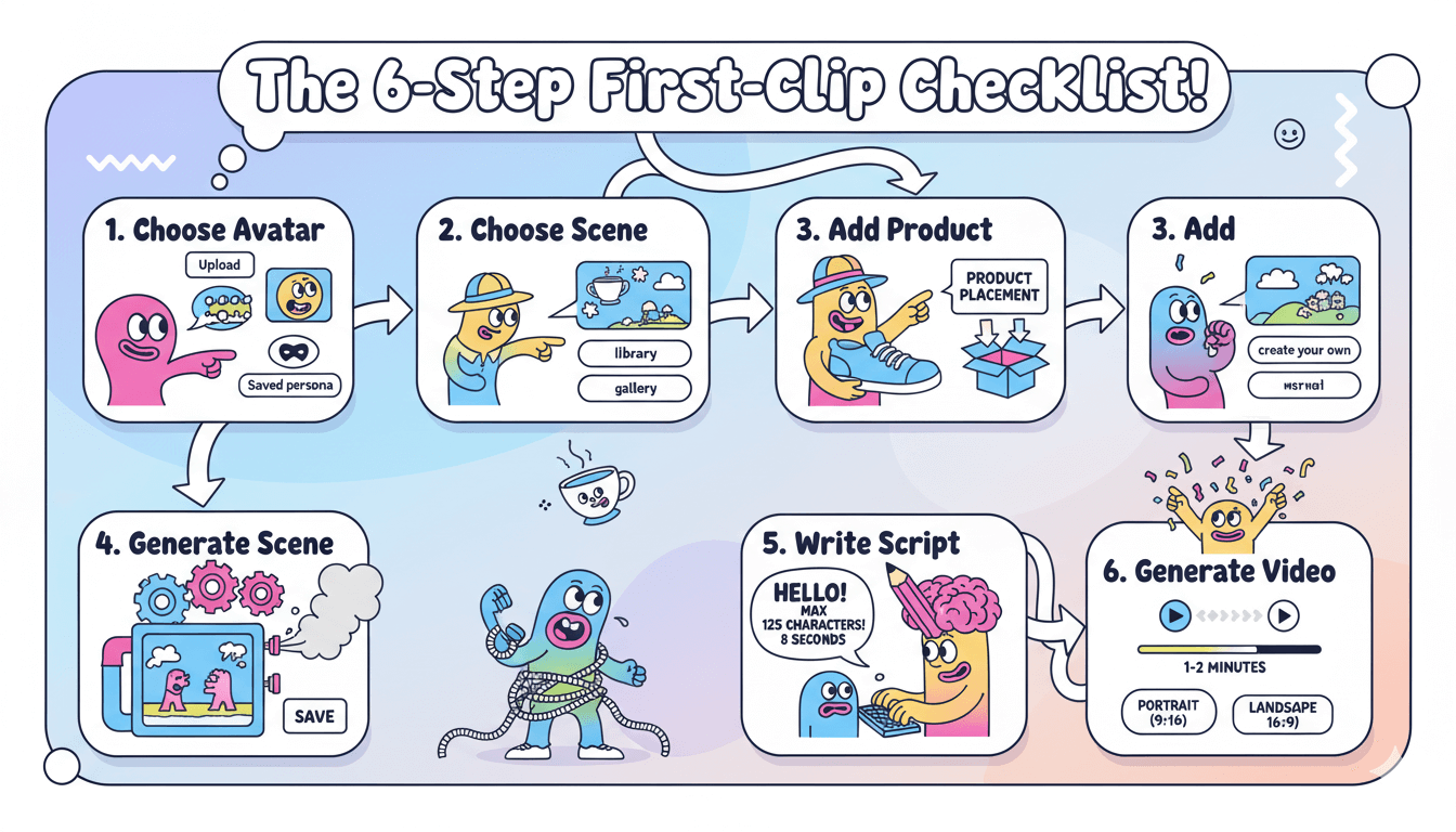 Un diagrama de flujo de dibujos animados explica visualmente los seis pasos para crear un primer videoclip, incluyendo la selección de avatares y escenas.