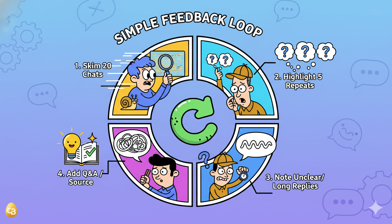 Un diagrama de flujo de procesos caprichoso explica visualmente un bucle de retroalimentación sencillo para revisar los registros de chat y mejorar el rendimiento de los bots.