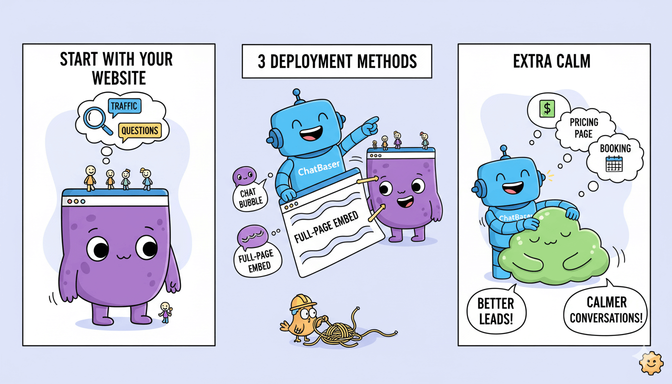 Una viñeta de tres viñetas ilustra los métodos de incrustación de sitios web de ChatBaser, desde el tráfico inicial hasta las opciones de despliegue y las páginas de "extra calma".