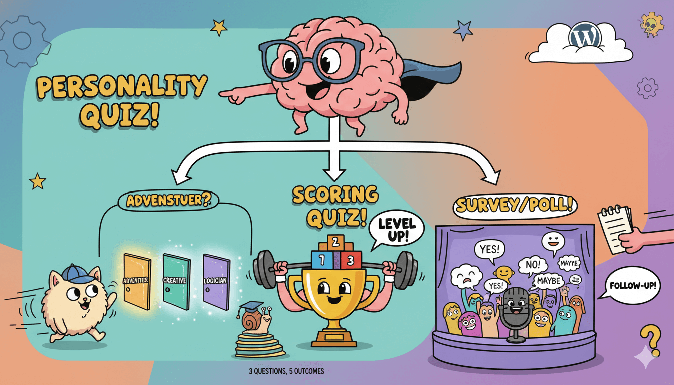 Un cerebro de dibujo animado dirige un diagrama de flujo caprichoso que ilustra diferentes tipos de preguntas: personalidad, puntuación y resultados de encuestas/encuestas.