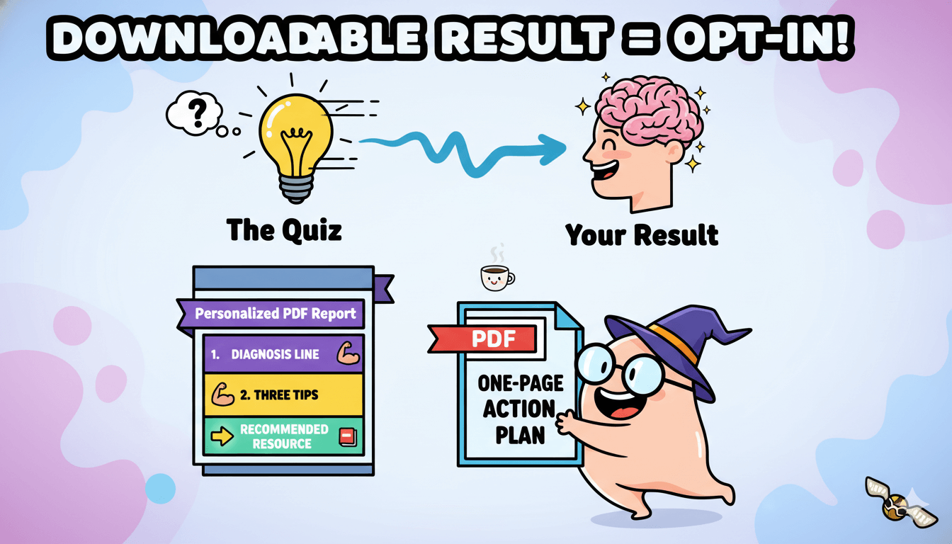 Un diagrama de flujo de viñeta muestra un cuestionario que conduce a un informe PDF personalizado con un diagnóstico, consejos y recursos, creando una opción de participar.
