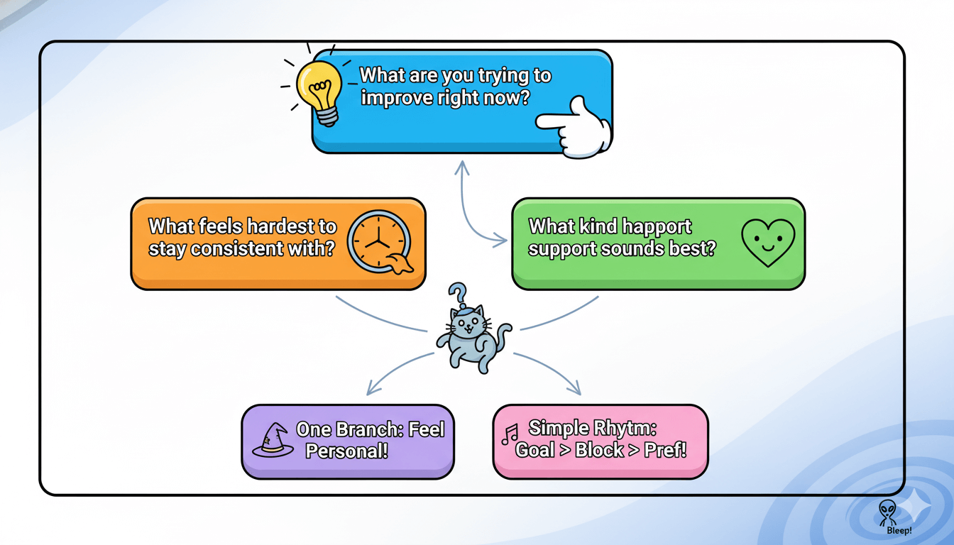 Un diagrama de flujo de dibujos animados muestra preguntas de cuestionario con una lógica ramificada suave, mostrando a un gato haciendo preguntas e ilustrando un ritmo sencillo para el diseño de los cuestionarios.