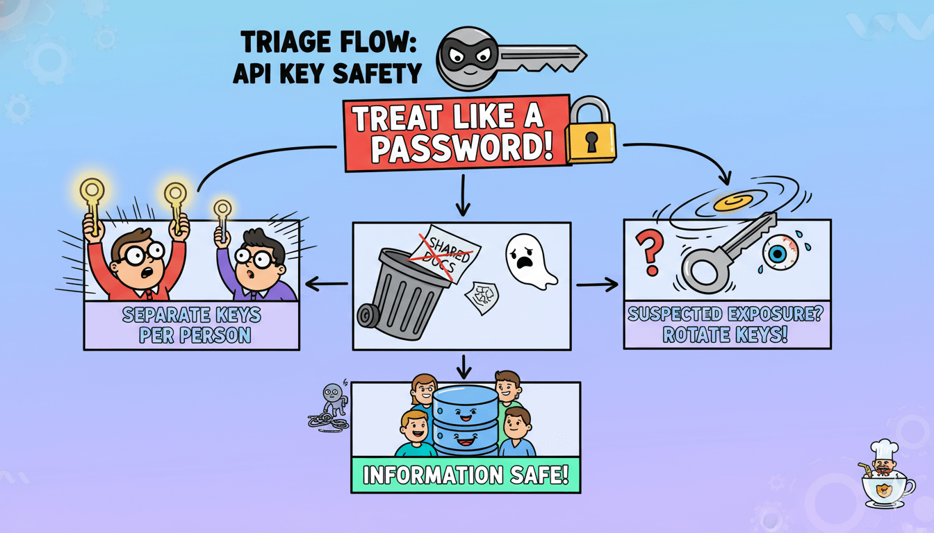 Un diagrama de flujo de triaje en dibujos animados ilustra la seguridad de las claves API, mostrando las mejores prácticas para proteger información sensible.