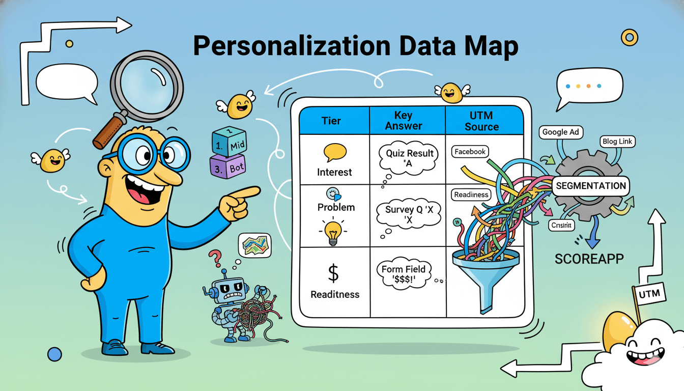 Una tabla llamada "Mapa de Datos de Personalización" muestra niveles, respuestas clave y fuentes UTM para explicar cómo rastrear el tráfico y los leads