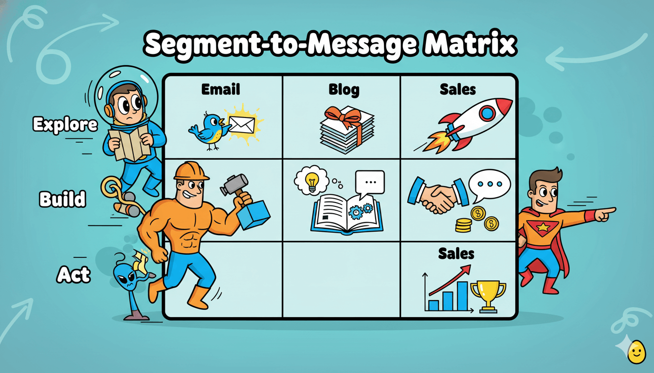 Una matriz de dibujos animados que muestra mensajes distintos para correo electrónico, blog y ventas en tres segmentos: explorar, construir y actuar