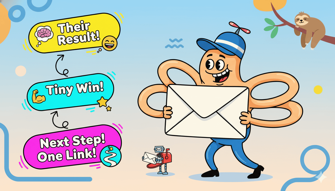 Un personaje de dibujos animados sostiene un correo electrónico grande, junto a un diagrama de flujo que muestra los pasos para un correo de resultados personalizado