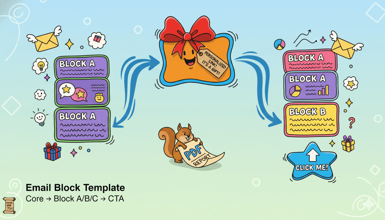 Un esquema por correo electrónico que muestra qué partes permanecen igual y cuáles cambian para cada segmento, como un enlace personalizado.
