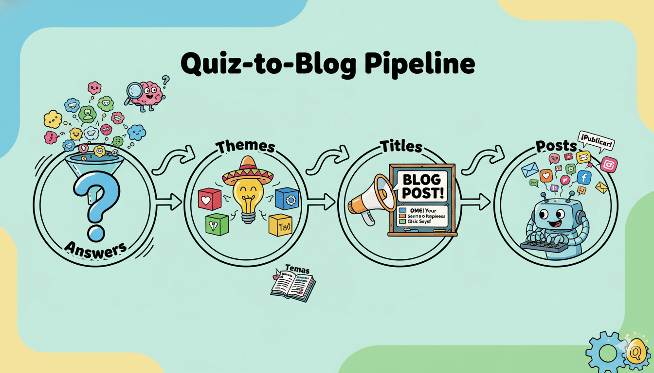 Un diagrama de flujo caprichoso llamado "Quiz-to-Blog Pipeline" que muestra respuestas transformándose en temas, títulos y entradas de blog.