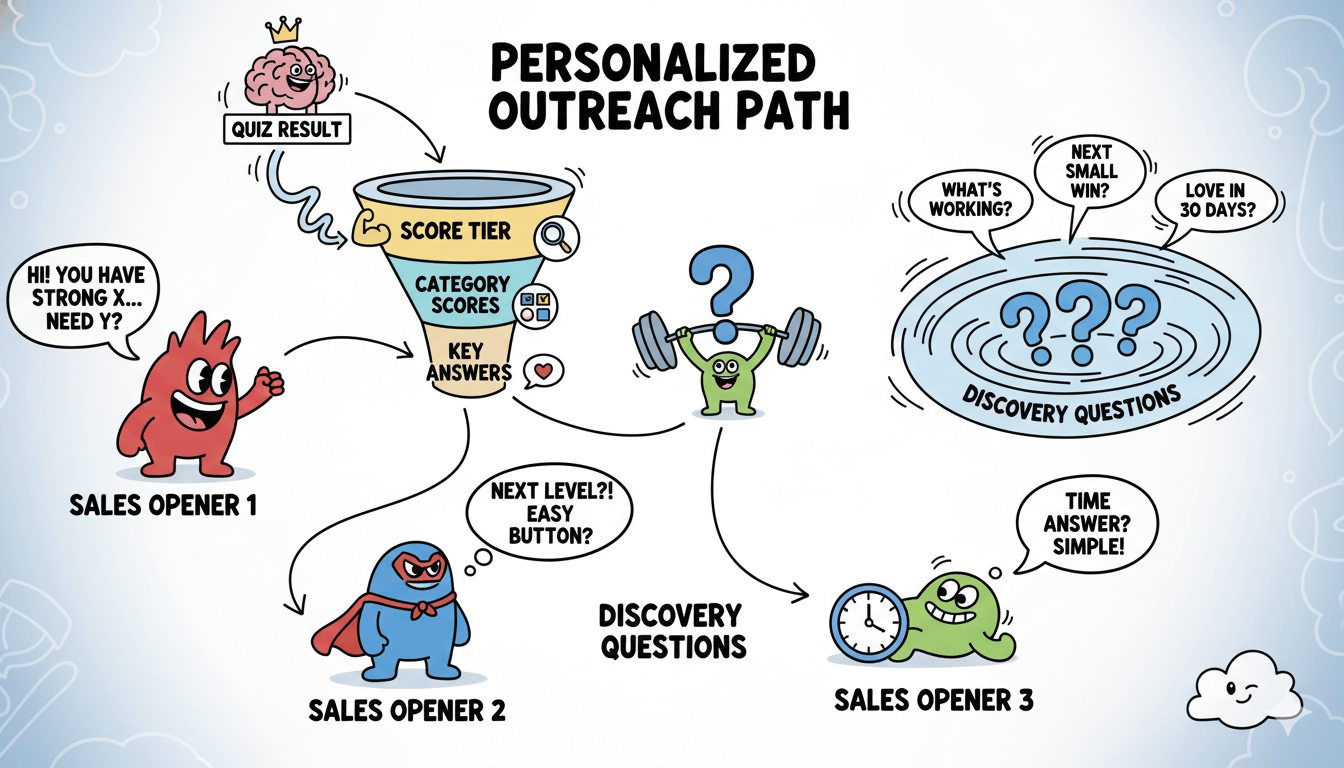 Diagrama de flujo caprichoso que ilustra cómo la divulgación personalizada utiliza resultados de cuestionarios, puntuaciones por categoría y respuestas clave para guiar a los iniciadores de ventas y preguntas de descubrimiento