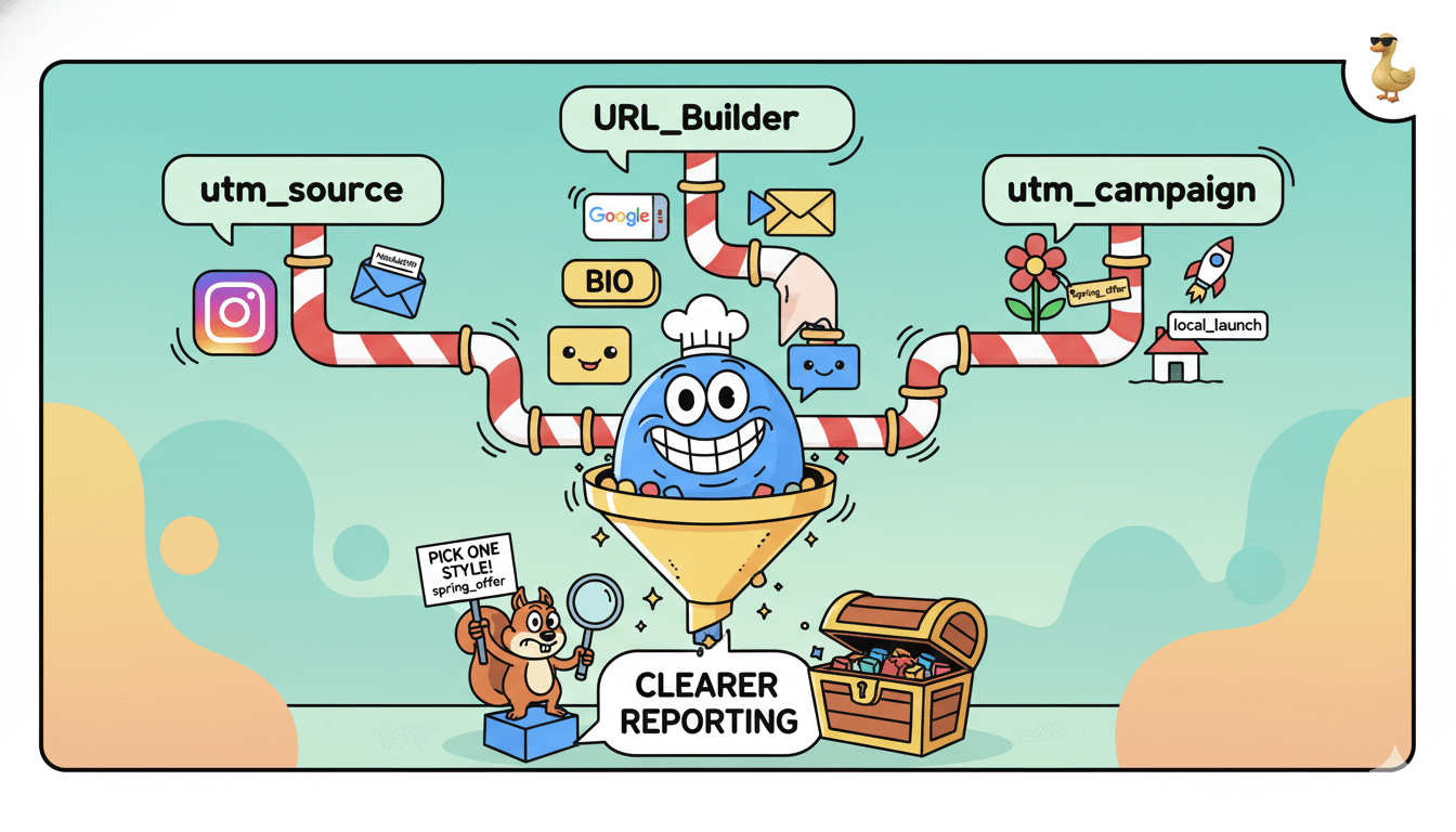 Un diagrama de flujo lúdico ilustra cómo parámetros UTM como origen, medio y campaña se combinan para un informe claro