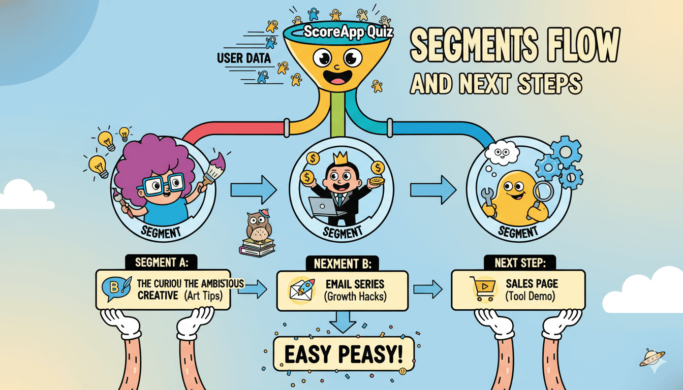Diagrama de flujo de dibujos animados que muestra los datos del usuario fluyendo en segmentos con los siguientes pasos definidos, simplificando el proceso de personalización