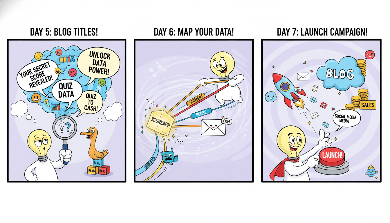 Un panel de 3 pasos con dibujos animados que muestra cómo convertir datos de preguntas en títulos de blogs, datos de mapas y lanzar campañas de correo electrónico.
