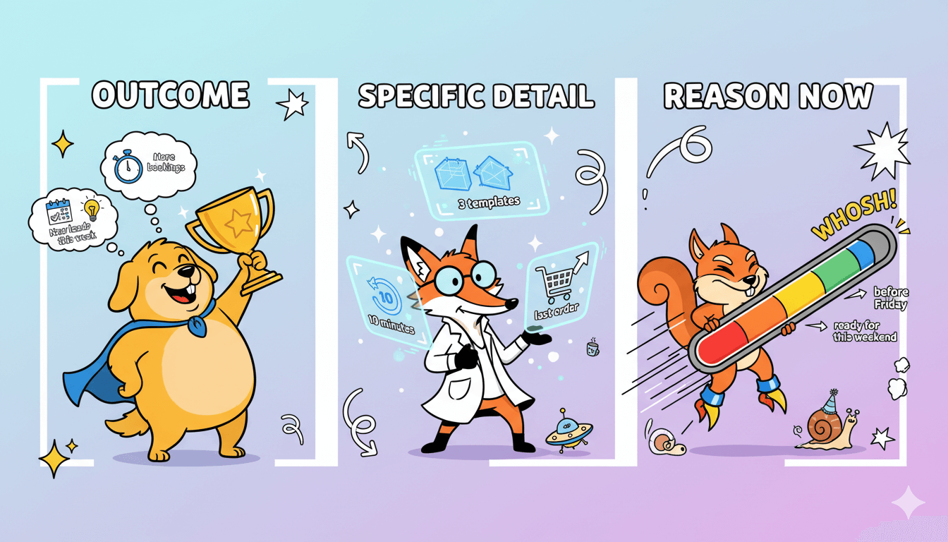 Modelo
Un dibujo animado de tres viñetas que muestra a un perro, un zorro y una ardilla ilustrando la fórmula para líneas de tema efectivas