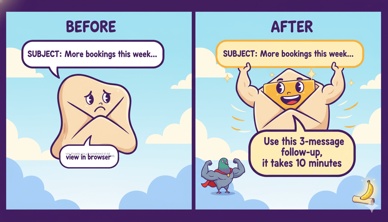 Un correo triste que muestra un texto de vista previa "ver en el navegador" se transforma en un correo fuerte y feliz con un texto de vista previa efectivo.