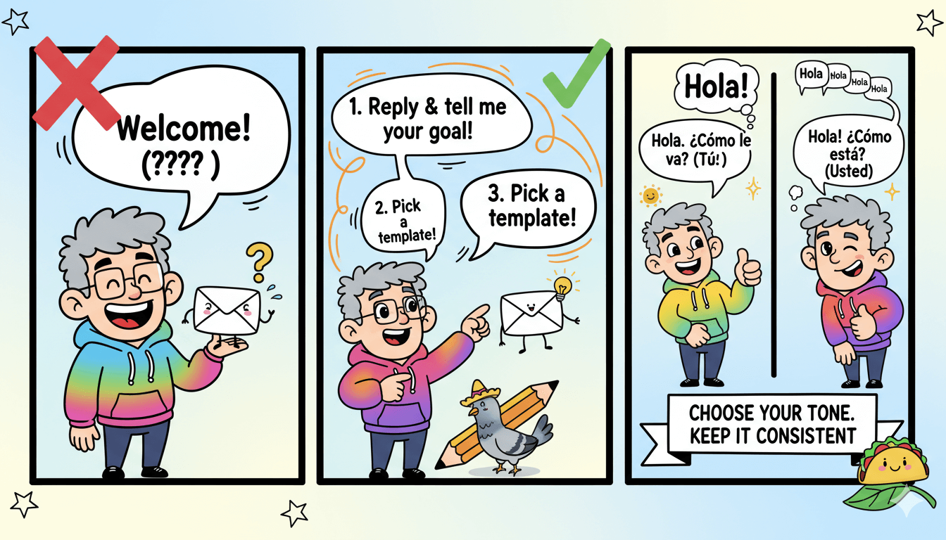 Una viñeta de 3 viñetas muestra cómo mejorar los correos de bienvenida añadiendo pasos claros y eligiendo un tono coherente.