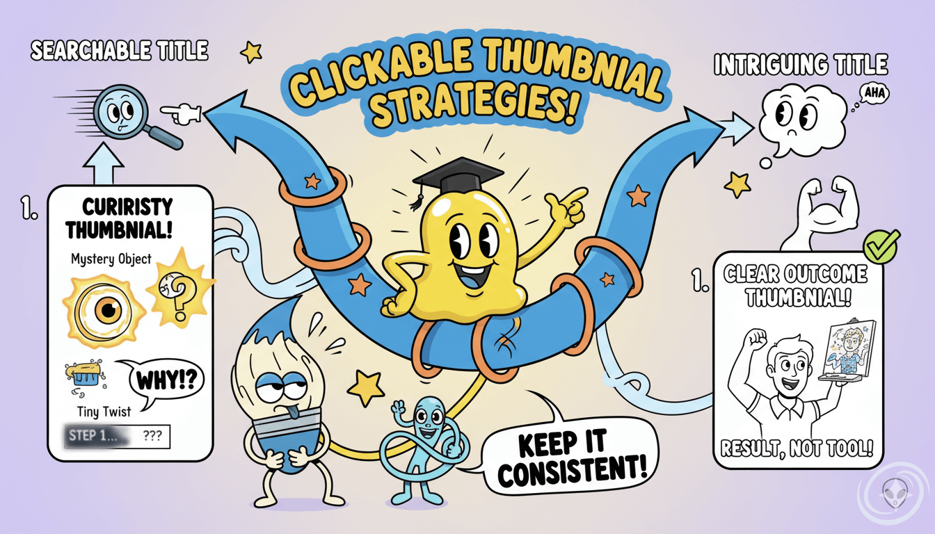 Un diagrama de flujo lúdico ilustra dos estrategias para miniaturas de YouTube que se pueden hacer clic: combinar títulos buscaables con miniaturas impulsadas por la curiosidad, y títulos interesantes con miniaturas de resultados claros.