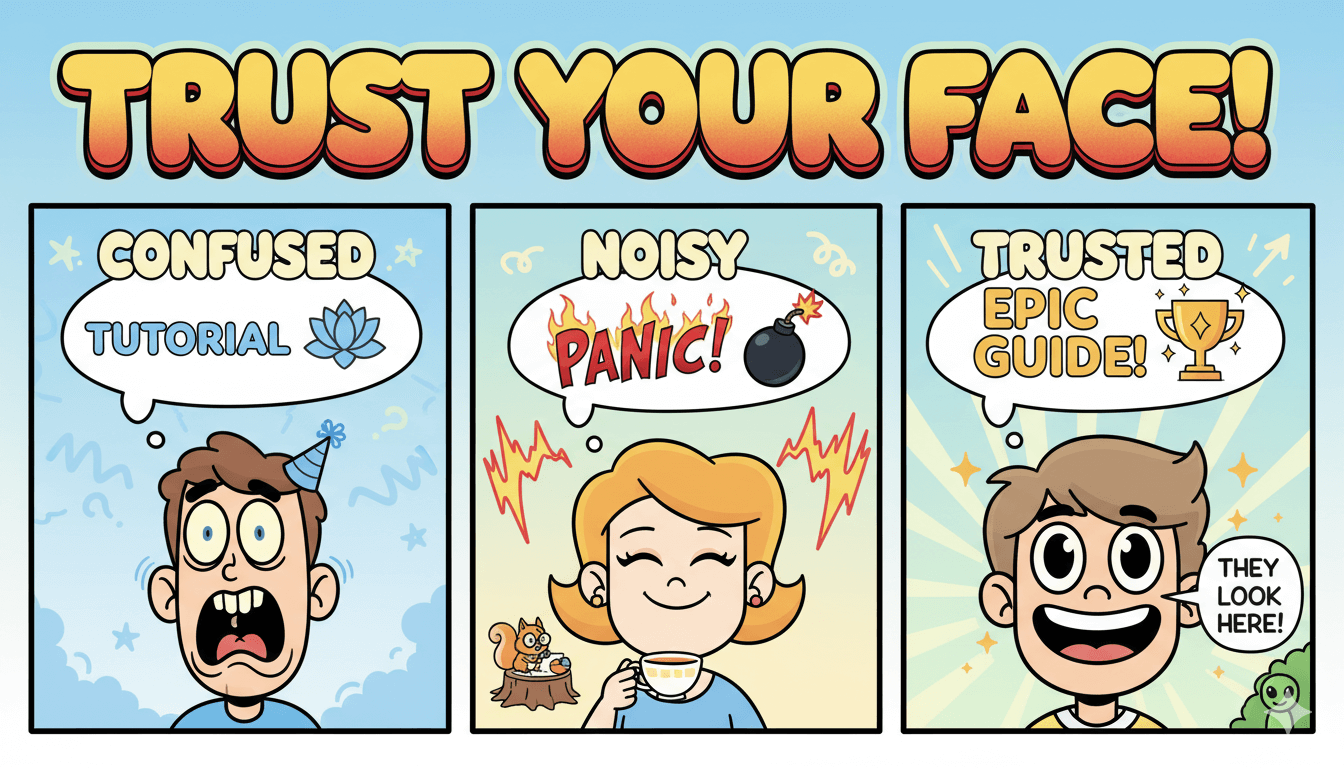 Un cómic de tres viñetas ilustra cómo emparejar expresiones faciales en miniaturas con títulos de vídeo genera confianza entre los espectadores.