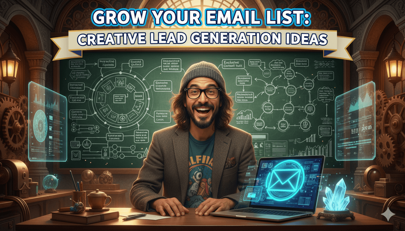 Un hombre con gorro y gafas sonríe mientras está sentado en un escritorio con un portátil, ideando ideas creativas para la generación de leads en una pizarra.