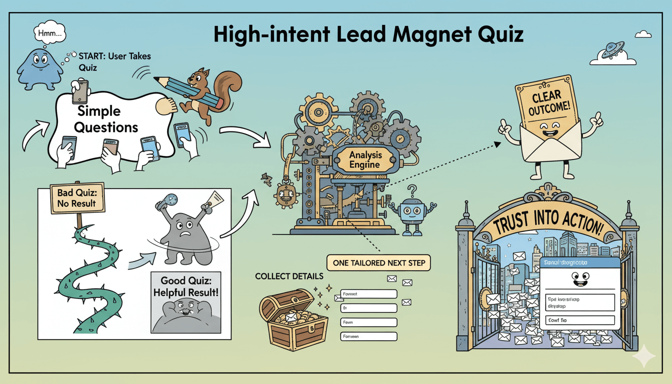 Un diagrama de flujo humorístico muestra cómo un cuestionario puede ser un imán de pistas, guiando a los usuarios de preguntas sencillas a un resultado claro.