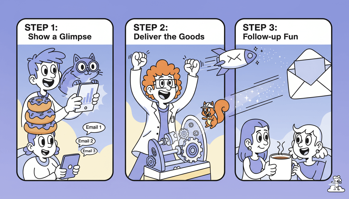 Una viñeta de tres viñetas ilustra un proceso divertido y sencillo para entregar resultados que otorgan suscripciones por correo electrónico.