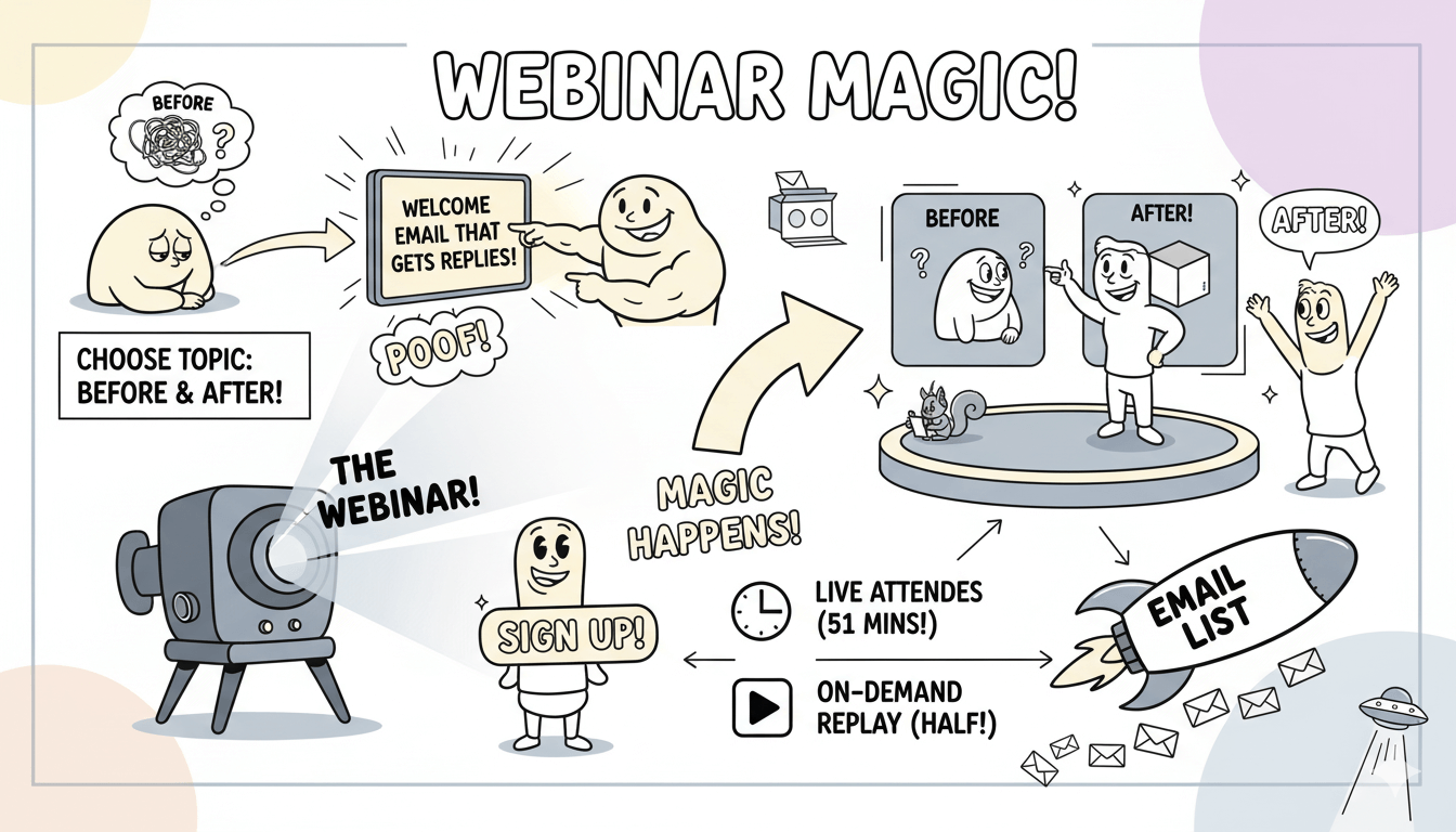 Un diagrama de flujo divertido muestra a una persona eligiendo un tema de webinar que muestra una transformación clara antes y después, lo que conduce a la inscripción.