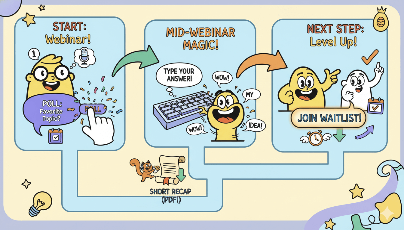 Un diagrama de flujo caprichoso muestra a personajes de dibujos animados interactuando con encuestas, escribiendo respuestas y descargando para aumentar la participación en los seminarios web.