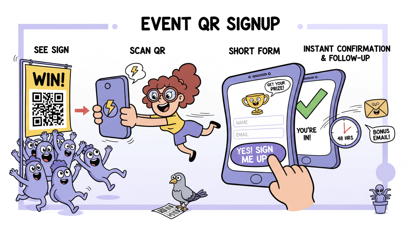 Un diagrama de flujo divertido muestra a una persona escaneando un código QR de evento, rellenando un formulario corto y recibiendo un seguimiento.