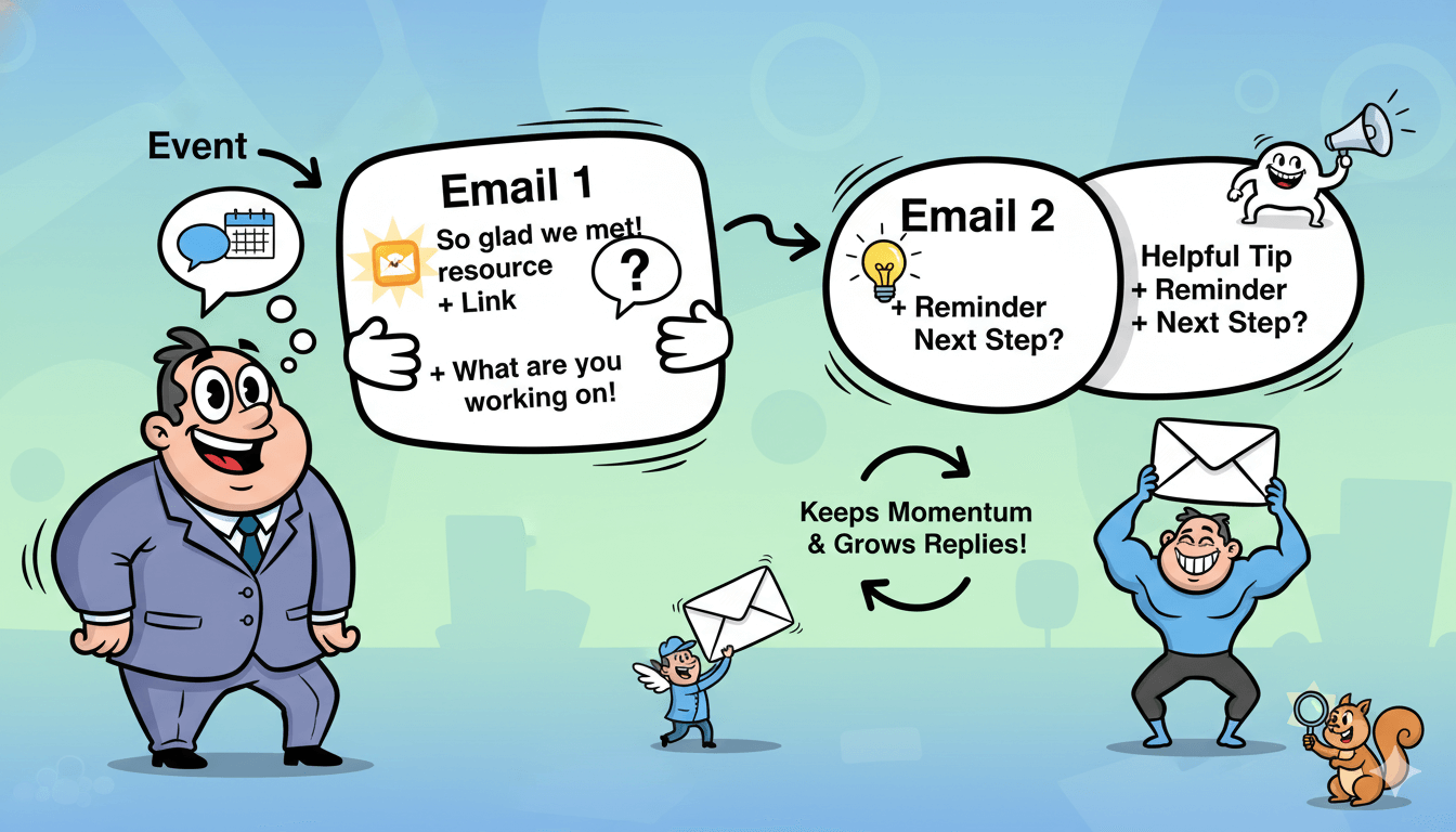 Un diagrama de flujo caprichoso muestra un seguimiento de dos correos electrónicos tras un evento, con el objetivo de mantener el impulso y aumentar las respuestas.
