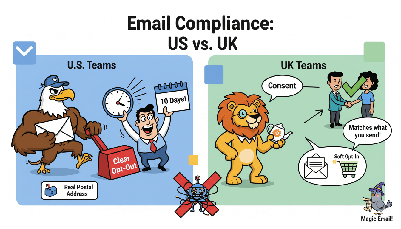 Un águila caricaturesca se encarga de las normas de cumplimiento del correo electrónico en EE. UU., mientras que un león gestiona el consentimiento del Reino Unido, destacando las diferencias regionales.