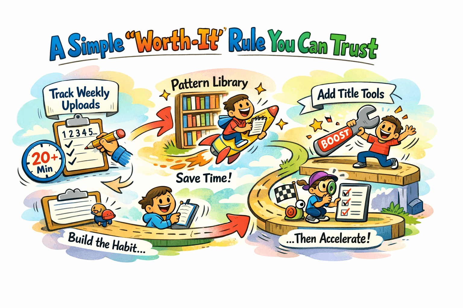 La infografía de dibujos animados muestra un recorrido de reglas que merece la pena: rastrear las subidas semanales, crear una biblioteca de patrones y luego añadir herramientas de títulos