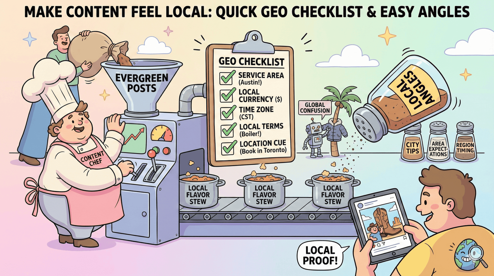 Una lista de comprobación de dibujos animados muestra los pasos para localizar contenido, incluyendo áreas de servicio, moneda y términos locales