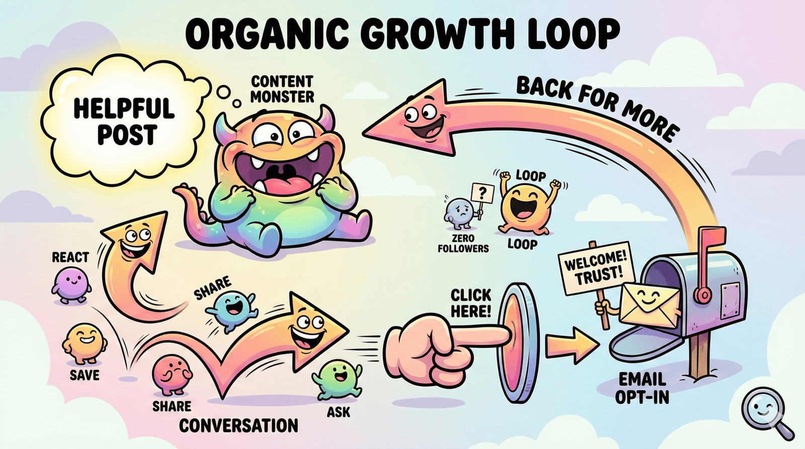 Un diagrama de flujo de dibujos animados muestra los pasos del bucle de crecimiento orgánico: el contenido conduce a conversaciones, clics, inscripciones por correo electrónico y usuarios recurrentes