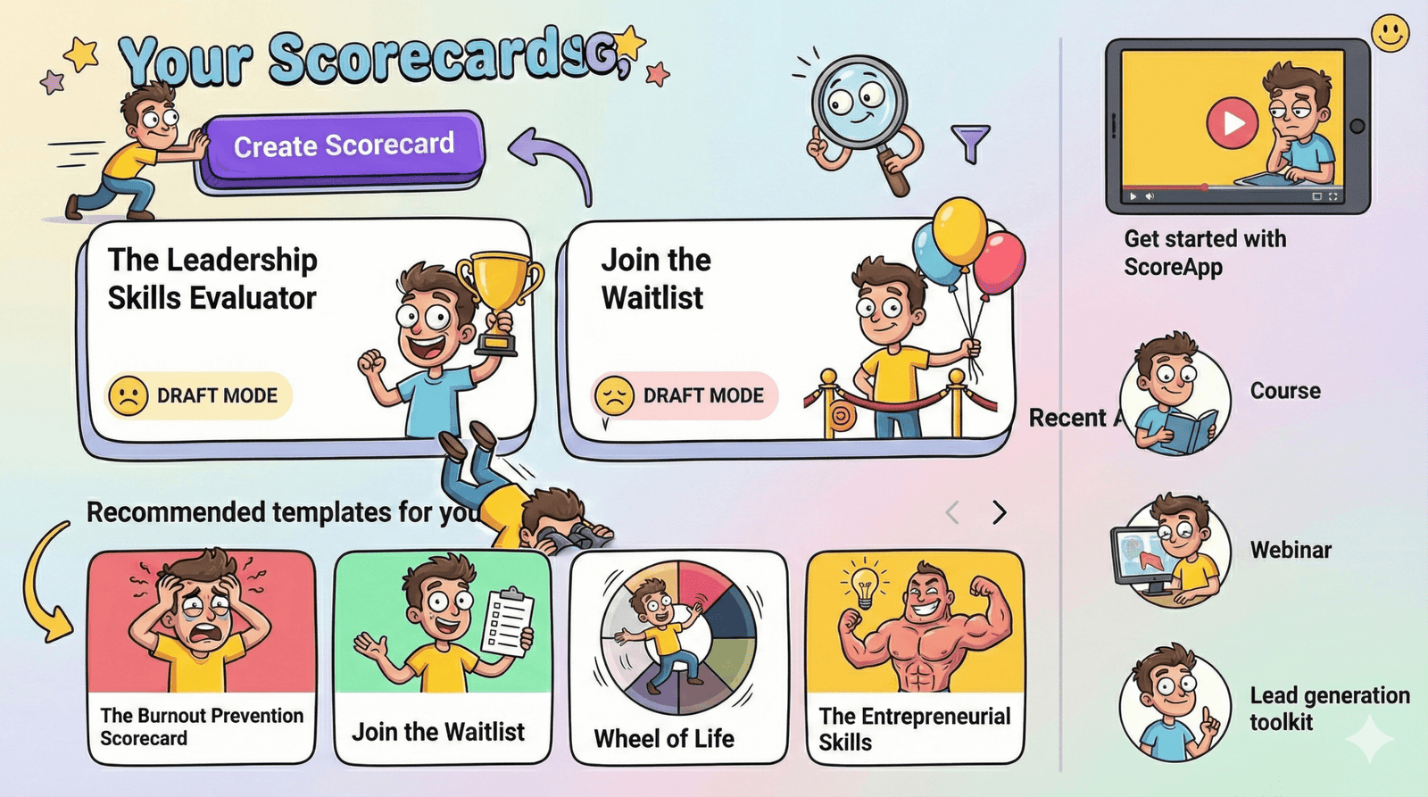 Interfaz del panel de control de Scoreapp que muestra proyectos de draft y una selección de plantillas recomendadas de cuadros de puntuación