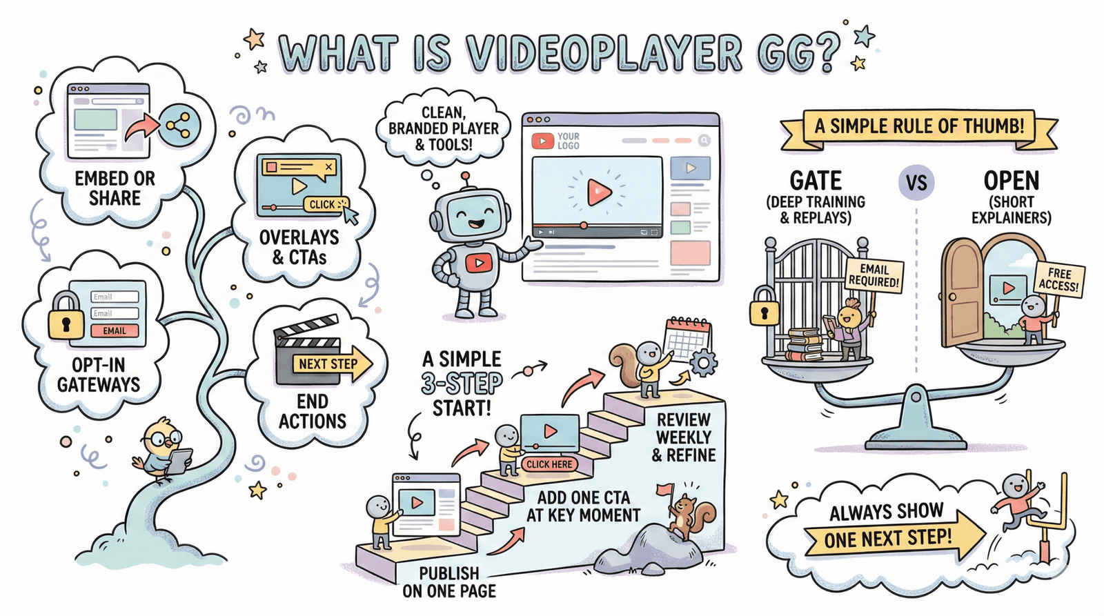 Diagrama de flujo de dibujos animados que muestra los tres pasos para publicar un vídeo, añadir una llamada a la acción y revisar resultados semanales usando VideoPlayer GG.