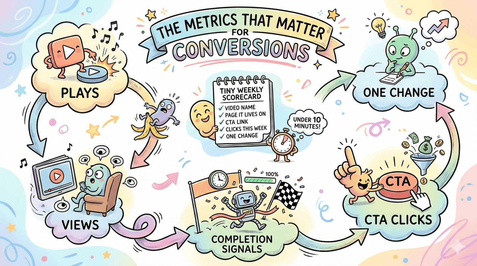 Infografía de dibujos animados que muestra un ciclo de métricas de conversión de vídeo como reproducciones, visualizaciones y clics CTA, además de un cuadro de puntuación.