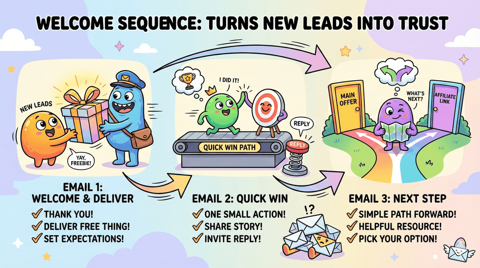Un panel de proceso de dibujos animados ilustra una secuencia de bienvenida de tres correos electrónicos que comienza con la entrega, luego una victoria rápida y un siguiente paso