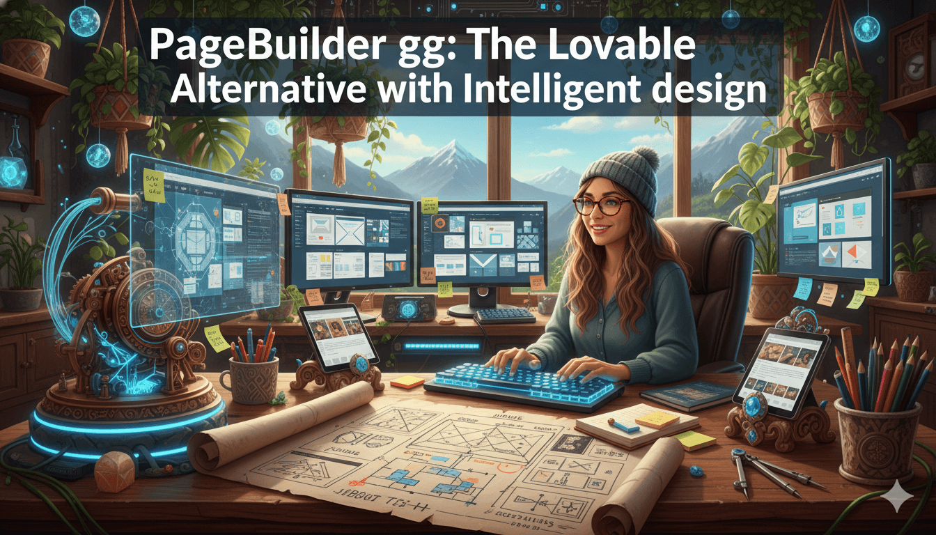 Un sonriente marketer digital con pelo peludo y gafas trabaja en múltiples pantallas, rodeado de plantas y tecnología moderna antigua, ilustrando un diseño web inteligente