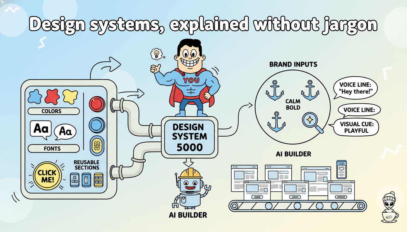 Un diagrama de flujo caprichoso ilustra un sistema de diseño, mostrando cómo los colores, las fuentes y las secciones reutilizables conducen a un generador de IA.