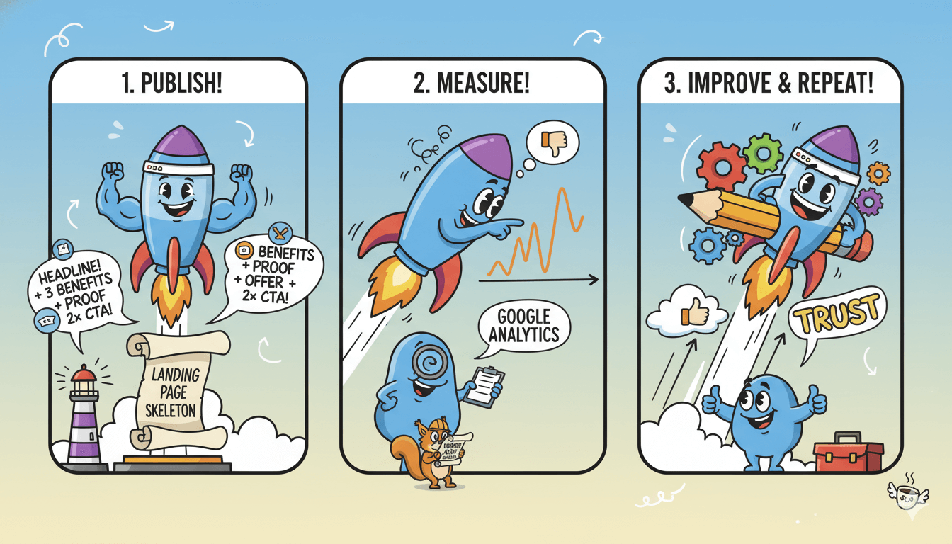 Un dibujo animado de tres viñetas ilustra a un personaje cohete lanzando una página de aterrizaje, midiendo su rendimiento y mejorándolo para generar confianza en los usuarios.