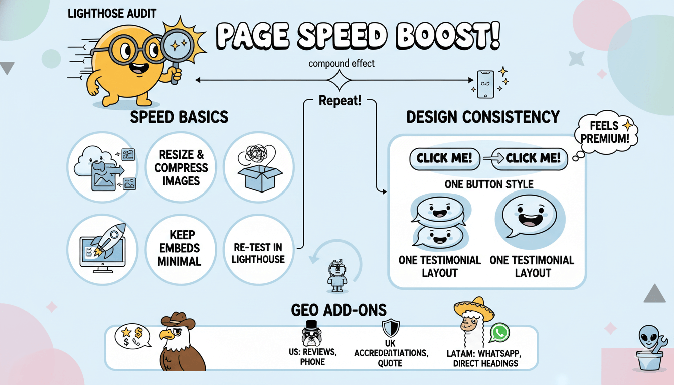 Un diagrama de flujo divertido muestra pasos para mejorar la velocidad de la página, la consistencia del diseño y los complementos GEO para una mejor experiencia de usuario