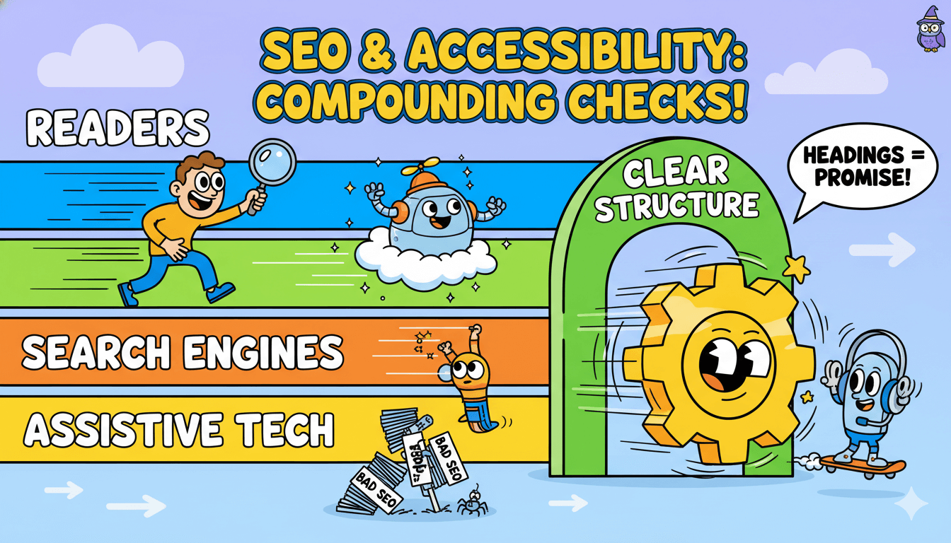 Una ilustración lúdica muestra cómo la estructura clara de la página beneficia a los lectores, los motores de búsqueda y la tecnología de asistencia para mejorar el SEO y la accesibilidad.