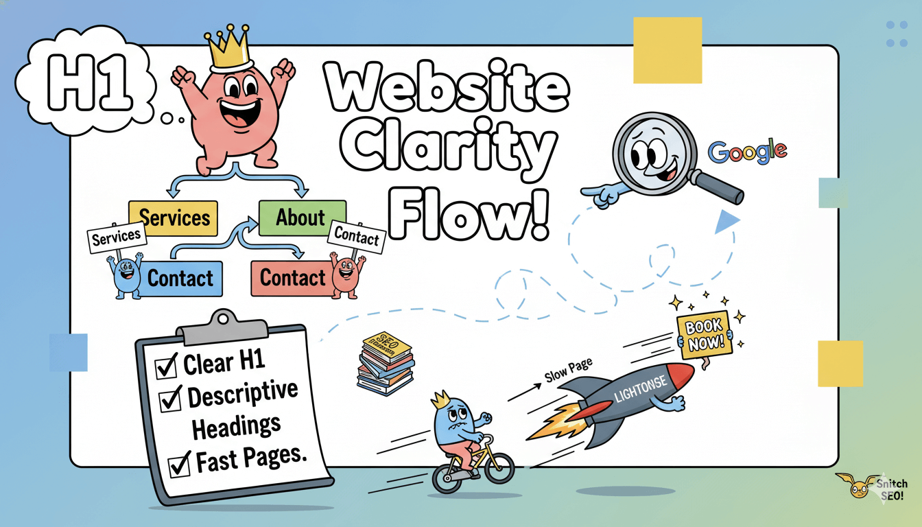 Un diagrama de flujo lúdico muestra a un personaje con corona que enlaza H1 con subpáginas y una lista de comprobación, demostrando claridad en el sitio web.