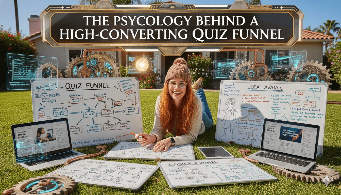 Una mujer sonriente con pelo rojo y gafas está sentada en el césped rodeada de pizarras blancas con diagramas, portátiles y tecnología antigua, ilustrando una estrategia de embudo de concurso