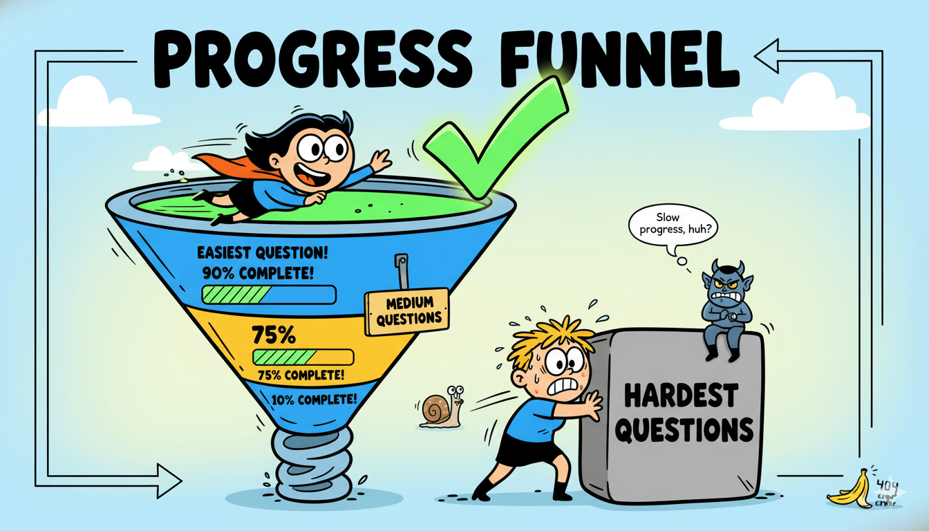 Un niño superhéroe se desliza por un embudo que representa un progreso rápido, mientras un niño estresado lucha con las "preguntas más difíciles" que ilustran la importancia de las barras de progreso usadas con sabiduría.