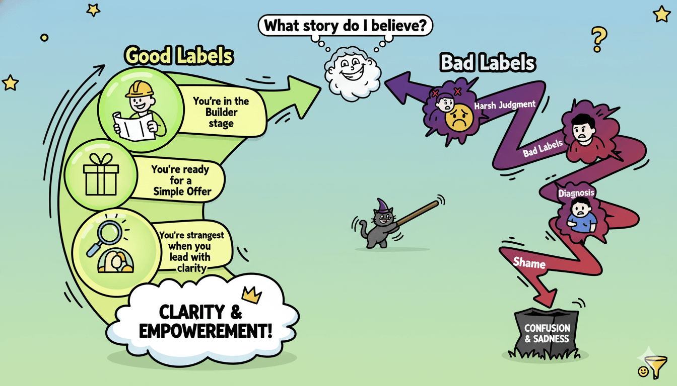 Un diagrama de flujo caprichoso muestra "etiquetas buenas" que conducen a claridad y empoderamiento, mientras que "etiquetas malas" conducen a confusión y tristeza.