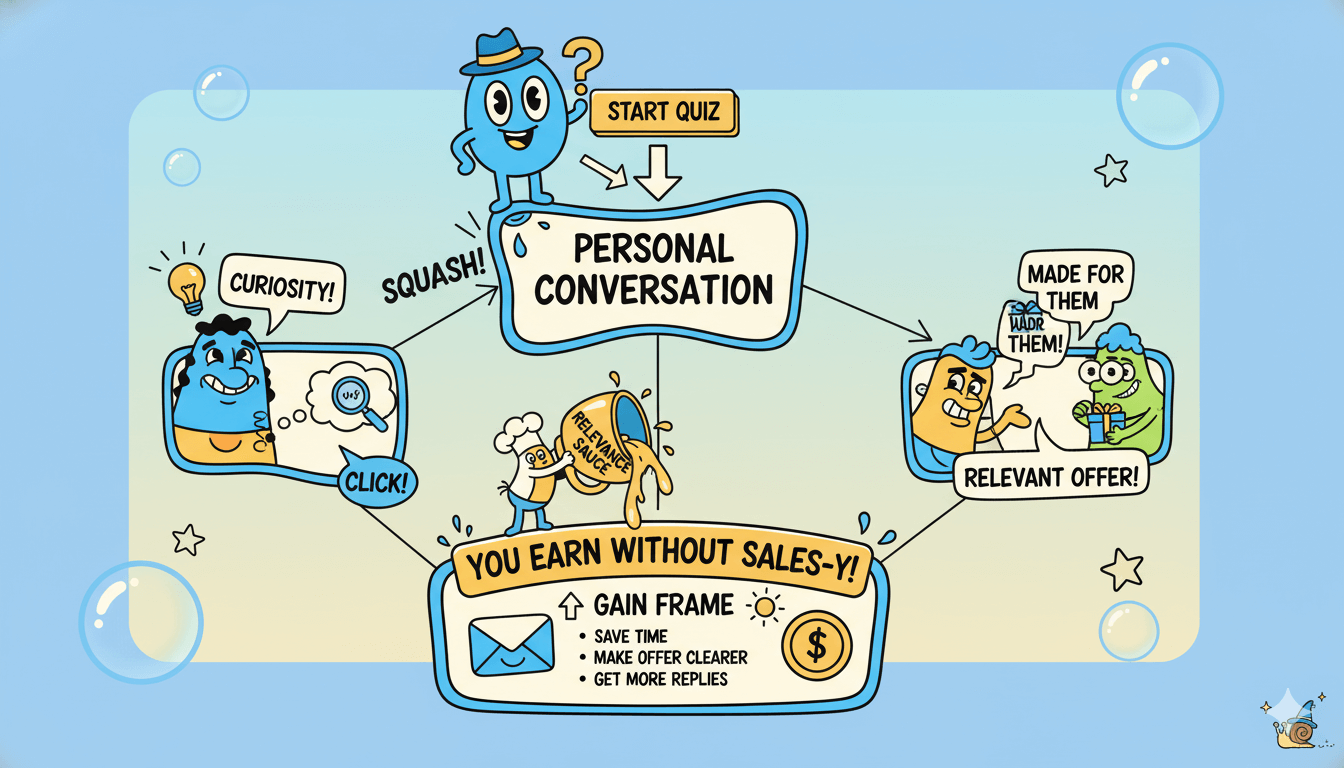 Un diagrama de flujo divertido ilustra cómo un embudo de preguntas personalizado convierte a los contactos fomentando la curiosidad y ofreciendo soluciones relevantes