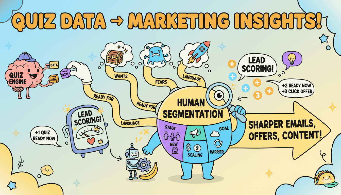 Un diagrama de dibujos animados que ilustra cómo los datos de los tests se transforman en conocimientos de marketing, segmentación humana y puntuación de leads.