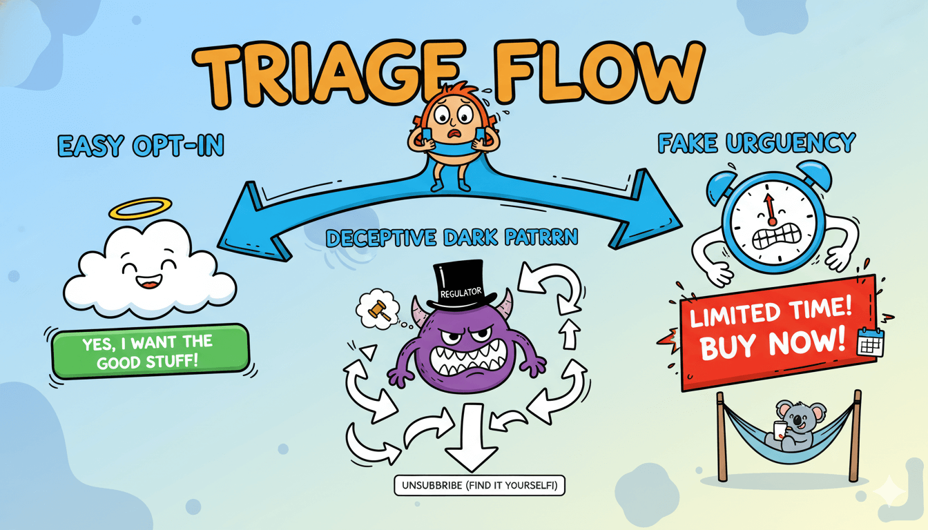 Una viñeta de "triage flow" ilustra patrones de diseño engañosos con un usuario angustiado atrapado entre una opción fácil y una urgencia falsa